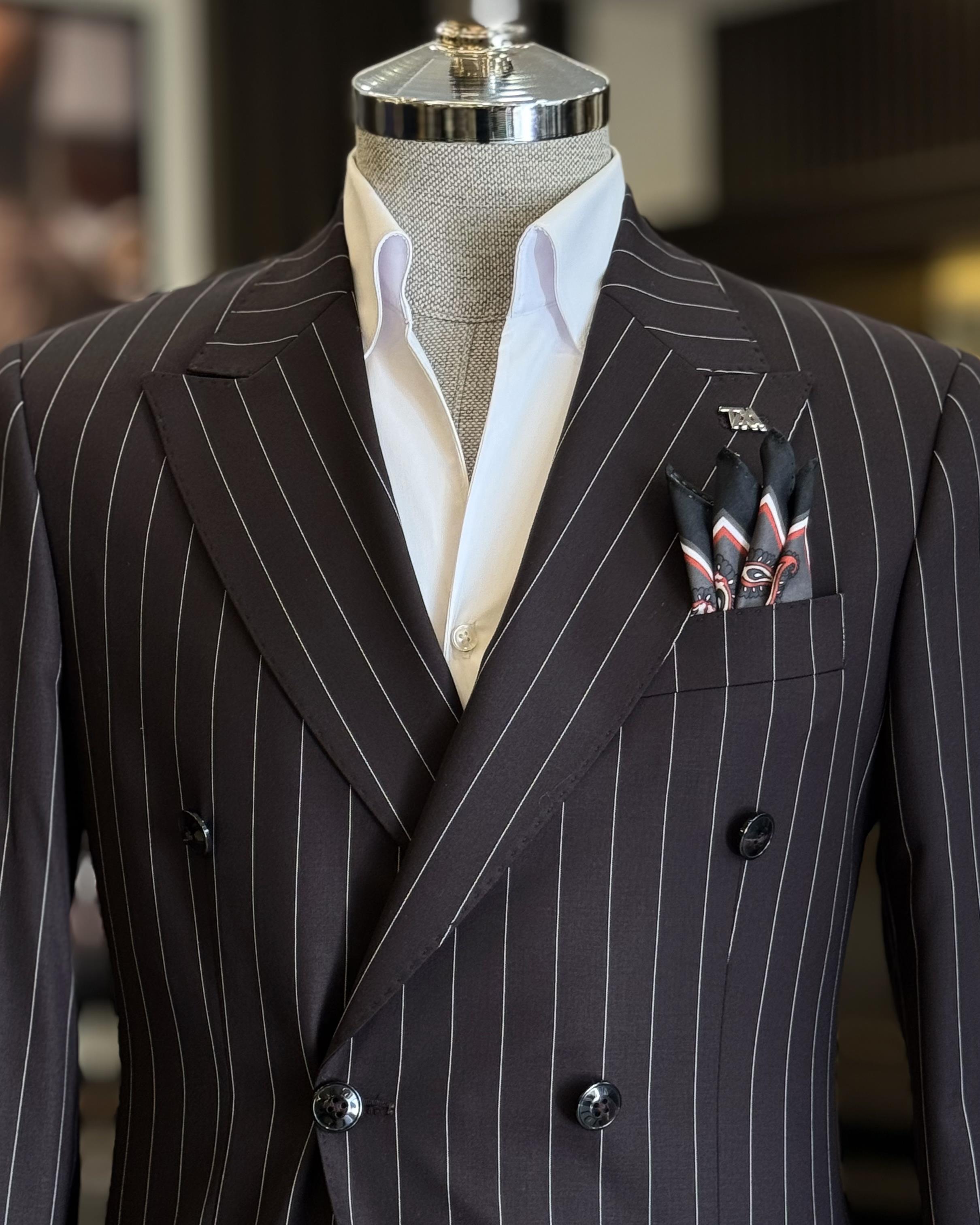 Glamorous Dark Purple Striped Double Breasted Business Suits For Men