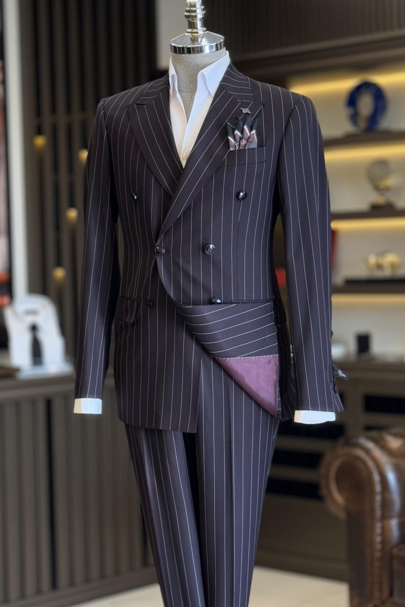 Glamorous Dark Purple Striped Double Breasted Business Suits For Men