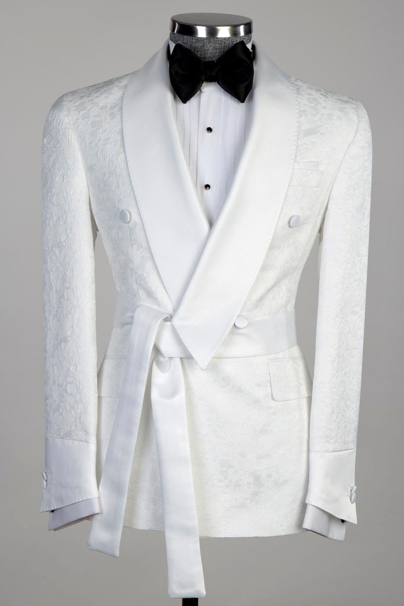 Modern White Shawl Lapel Jacquard Double Breasted Men Suits