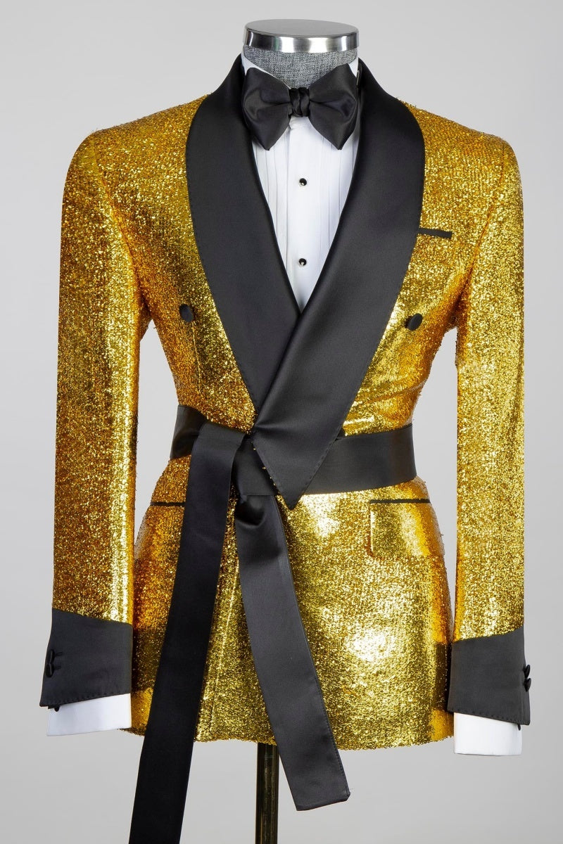 Stylish Sparkling Yellow Shawl Lapel Double Breasted Men Suits With Black Sash