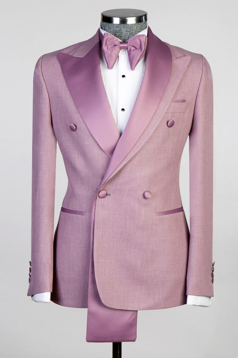 Modern Pink Peaked Lapel with Two-layer Satin Double Breasted Prom Suits