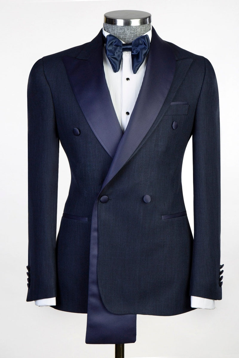 Dark Navy Bespoke Peaked Lapel With Two-Layer Satin Double Breasted Prom Suits