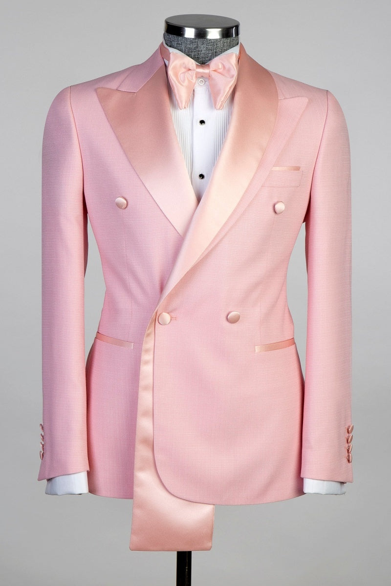 Chic Pink Peaked Lapel with Two-layer Satin Double Breasted Men's Prom Suits