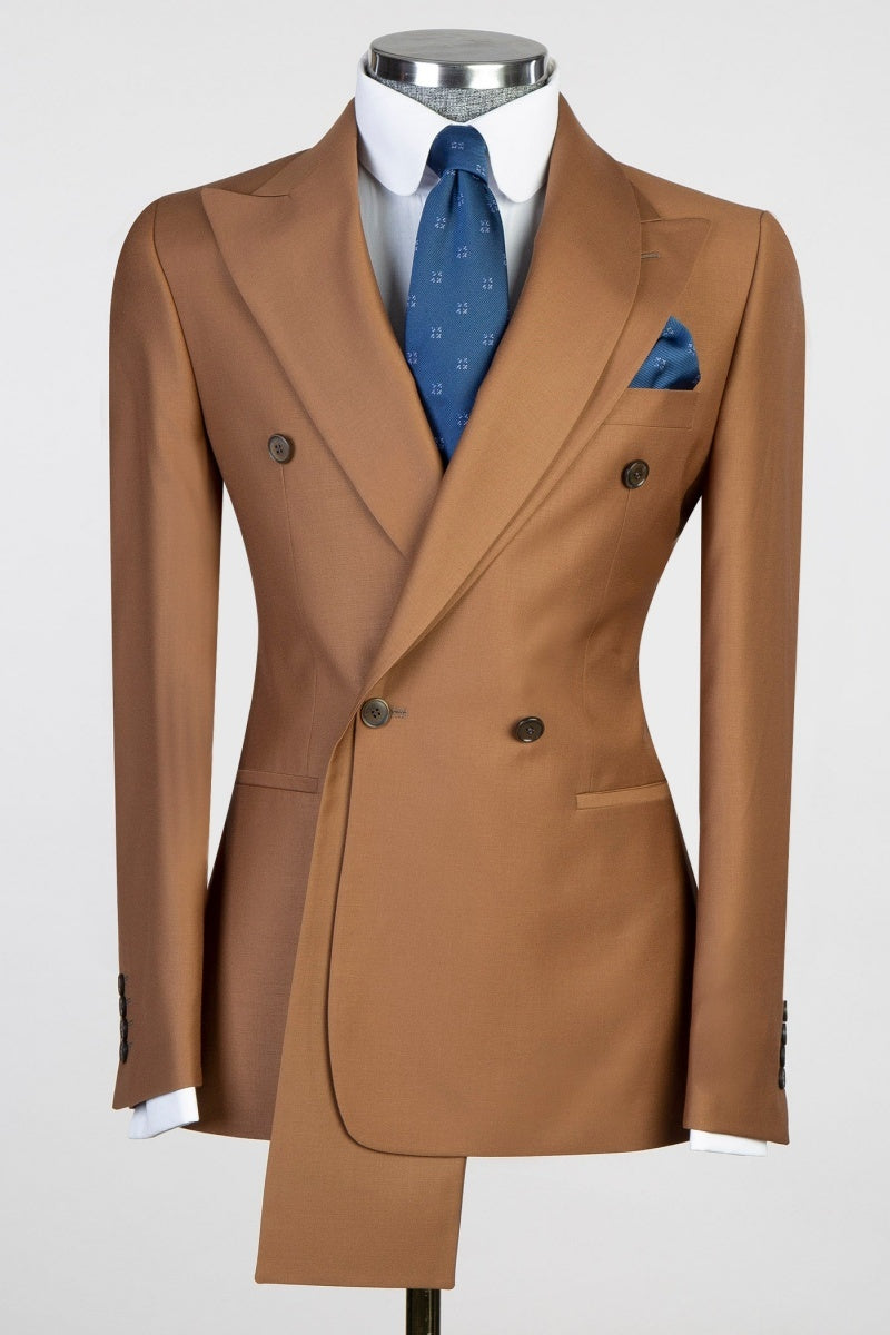 Fancy Brown Peaked Lapel With Two-Layer Double Breasted Slim Fit Men Prom Suits