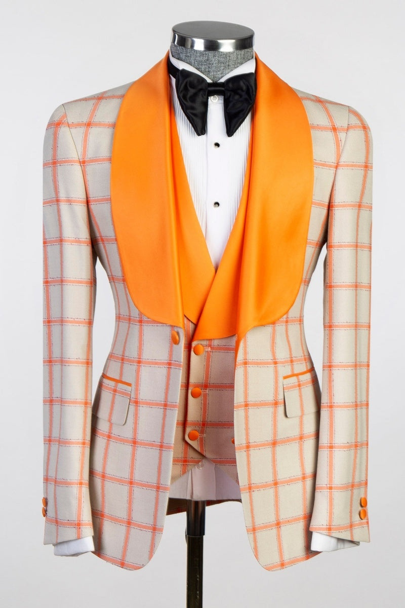 Modern Beige And Yellow Plaid Shawl Lapel 3 Pieces Men Suits