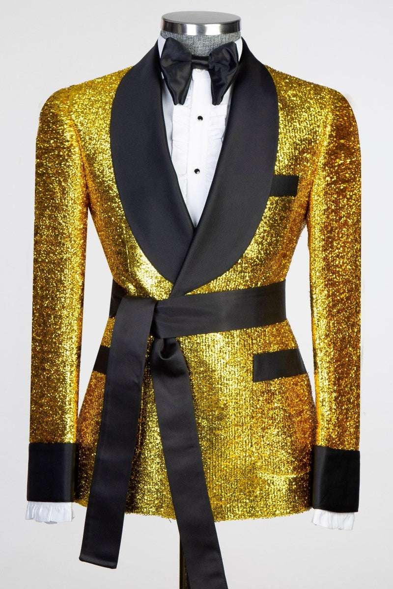 Sparkling Yellow Shawl Lapel Men's Prom Suits With Black Belt