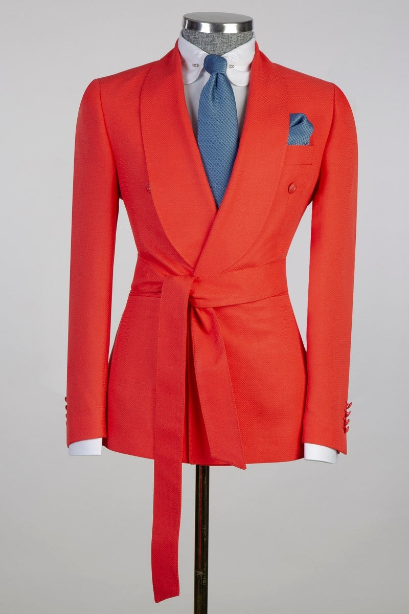 Fancy Orange Red Shawl Lapel Men Prom Suits With Belt
