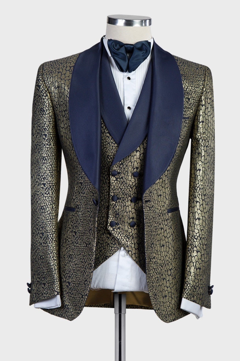 New Arrival Dark Blue And Gold Jacquard 3 Pieces Slim Fit Prom Suits