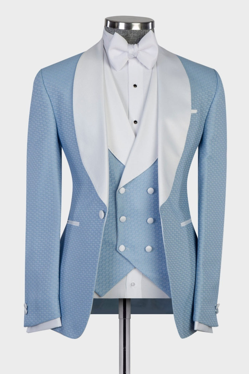 Fashion Light Blue Jacquard Shawl Lapel Slim Fit Men Prom Suits With Waistcoat