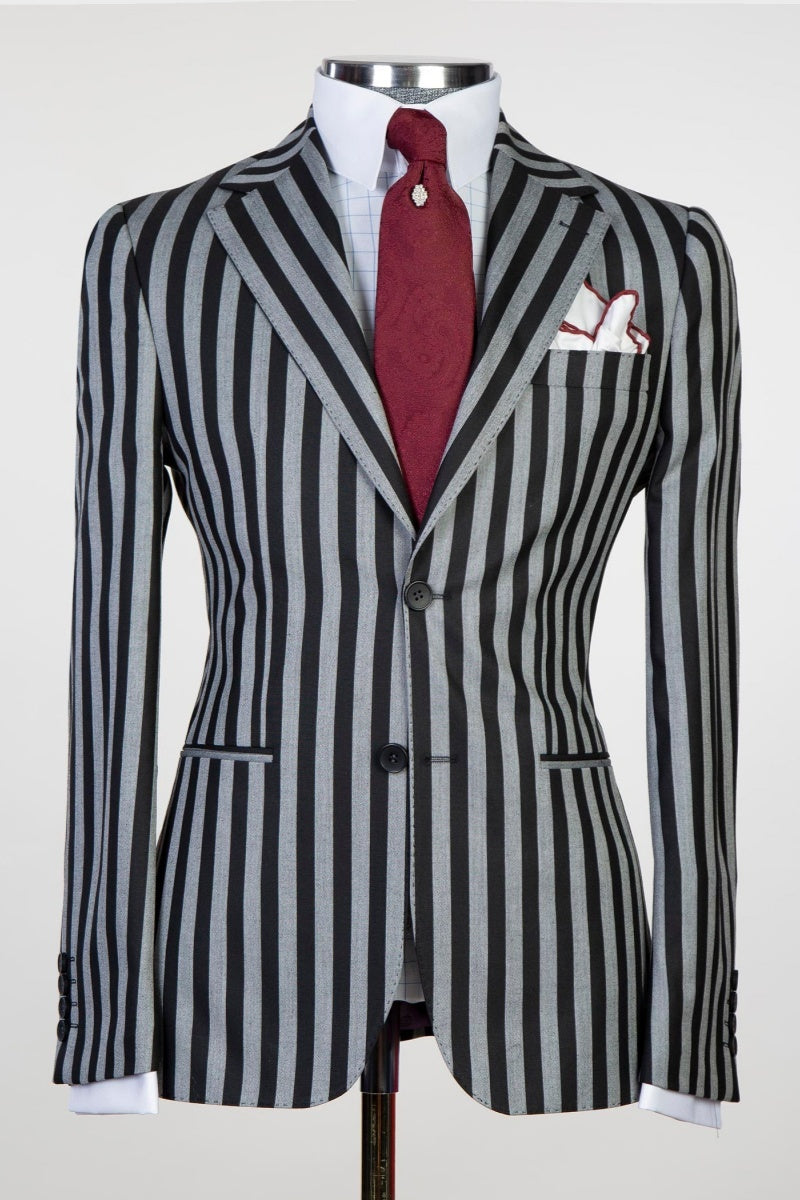 Stylish Black And Gray Stripe Notched Lapel Close Fitting Prom Suits