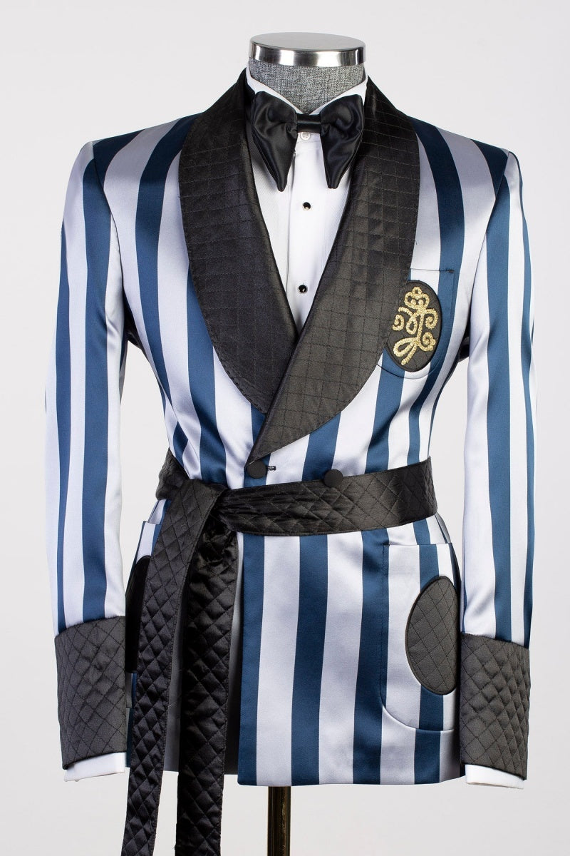 Fancy White And Blue Stripe Double Breasted Prom Suits With Black Belt