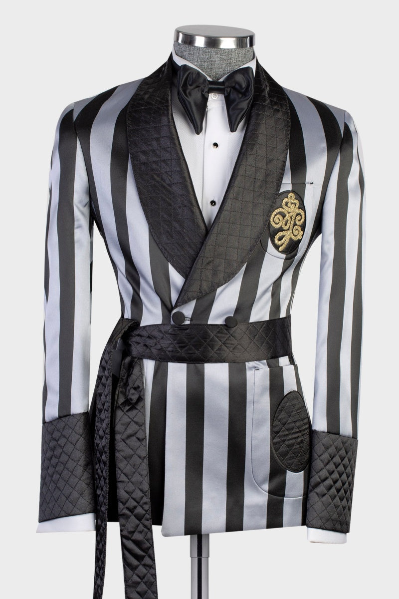 Newest Black And White Stripe Double Breasted Prom Suits With Black Belt