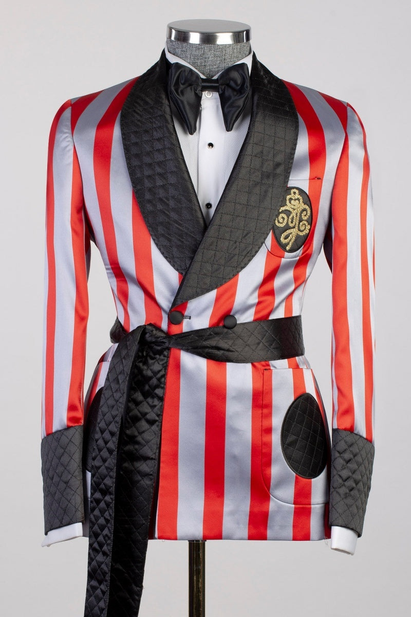 Bespoke Black And Red Stripe Double Breasted Prom Suits With Black Belt