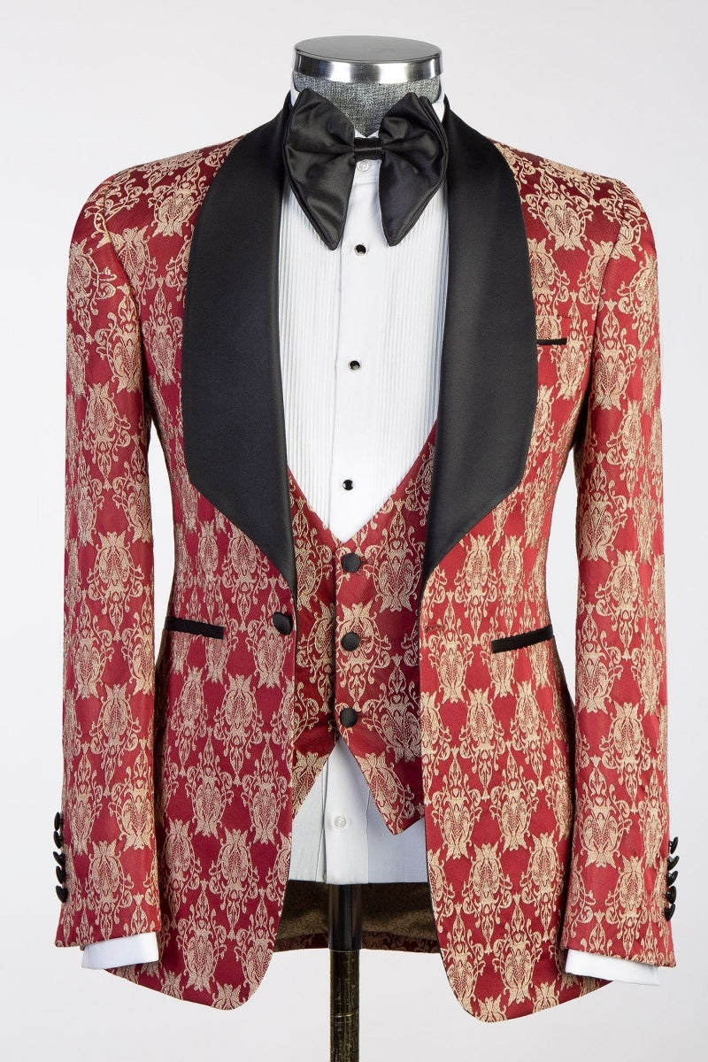 Newest Red Jacquard 3 Pieces Prom Suits For Men
