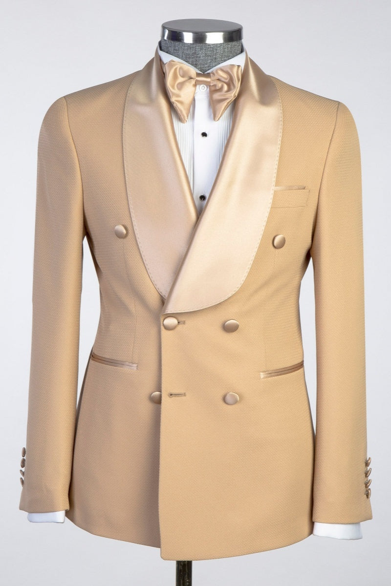 Fancy Khaki Shawl Lapel Double Breasted Men Prom Suits