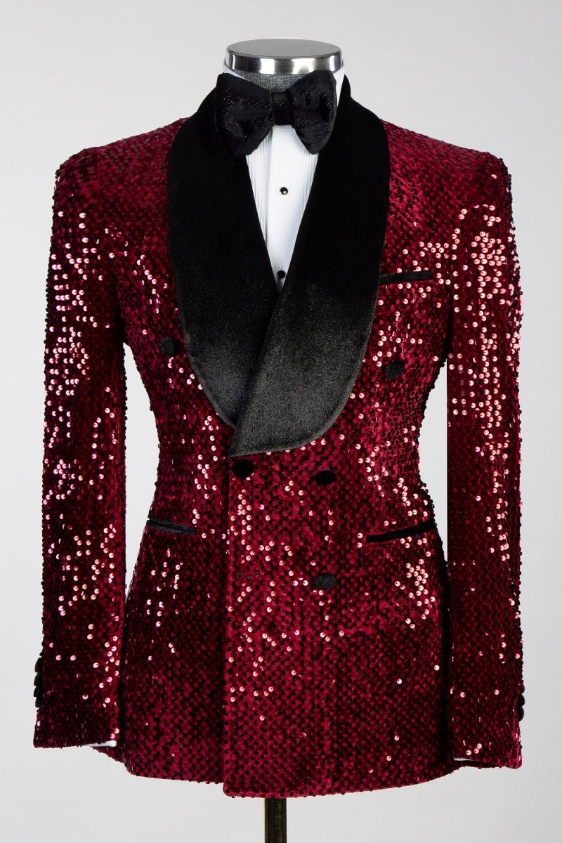 Sparkling Burgundy Double Breasted Close Fitting Prom Suits