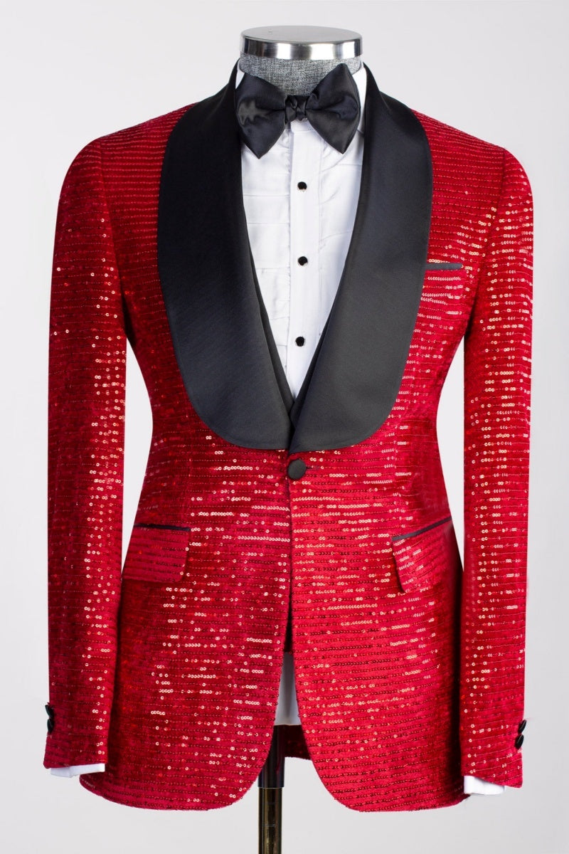 Sparkling Red Double Breasted Modern Slim Fit Prom Suits With Waistcoat