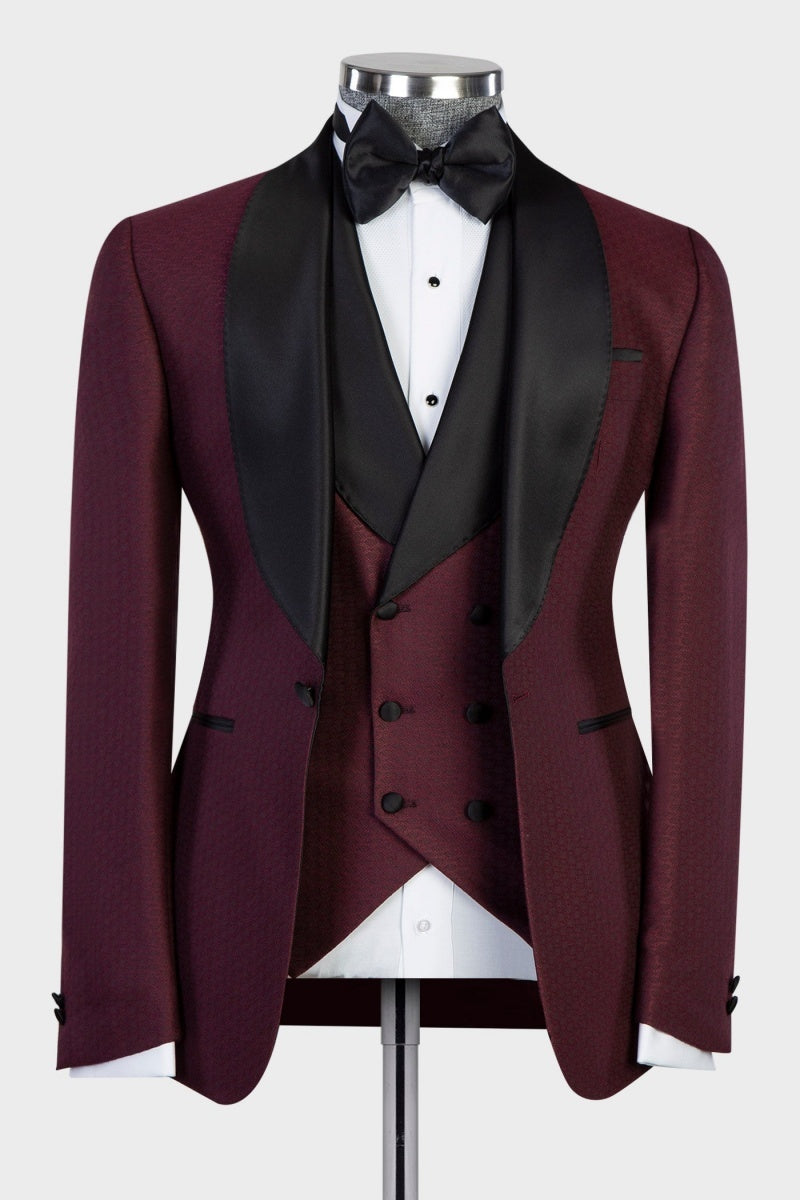 Modern Burgundy Shawl Lapel Men's Prom Suits With Waistcoat