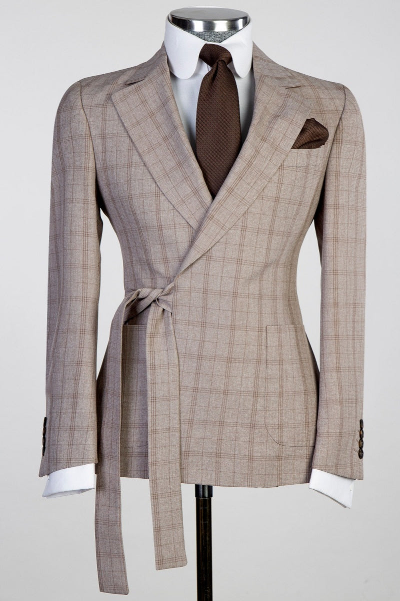 Khaki Brown Plaid Newest Fashion Prom Suits With Belt