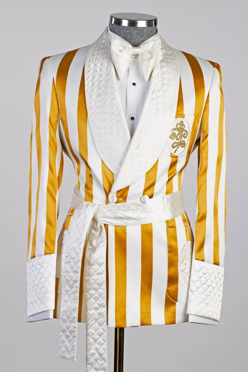 Light Brown And White Stripe Shawl Lapel Prom Suits With White Belt
