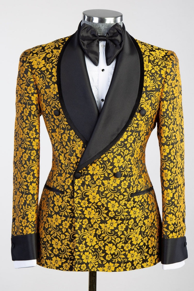 Classic Black Jacquard Shawl Lapel Double Breasted Prom Suits