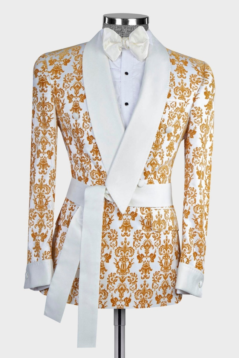 Stylish White Jacquard Close Fitting Prom Men Suits