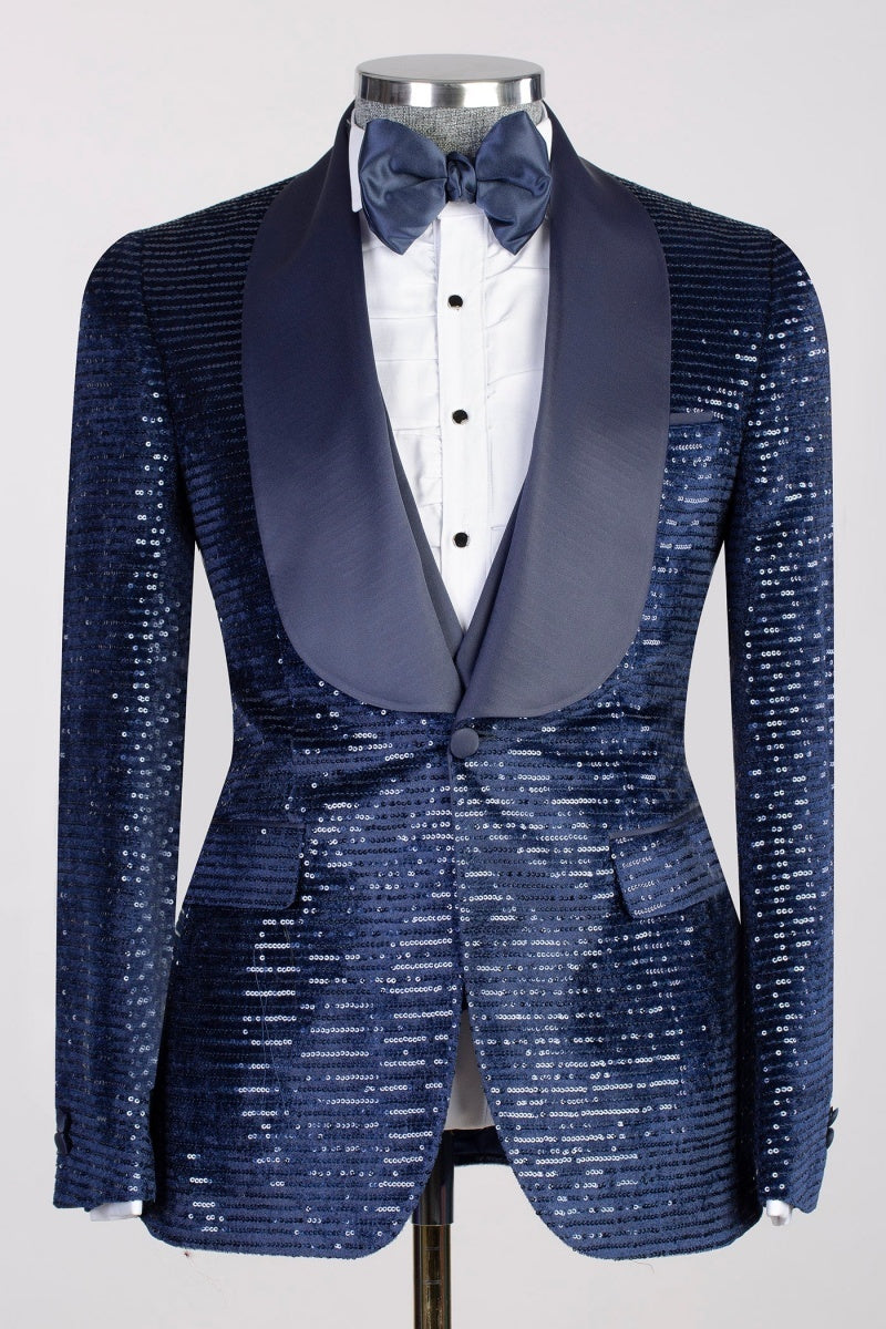 Sparkling Dark Blue 3 Pieces Men's Slim Fit Prom Suits
