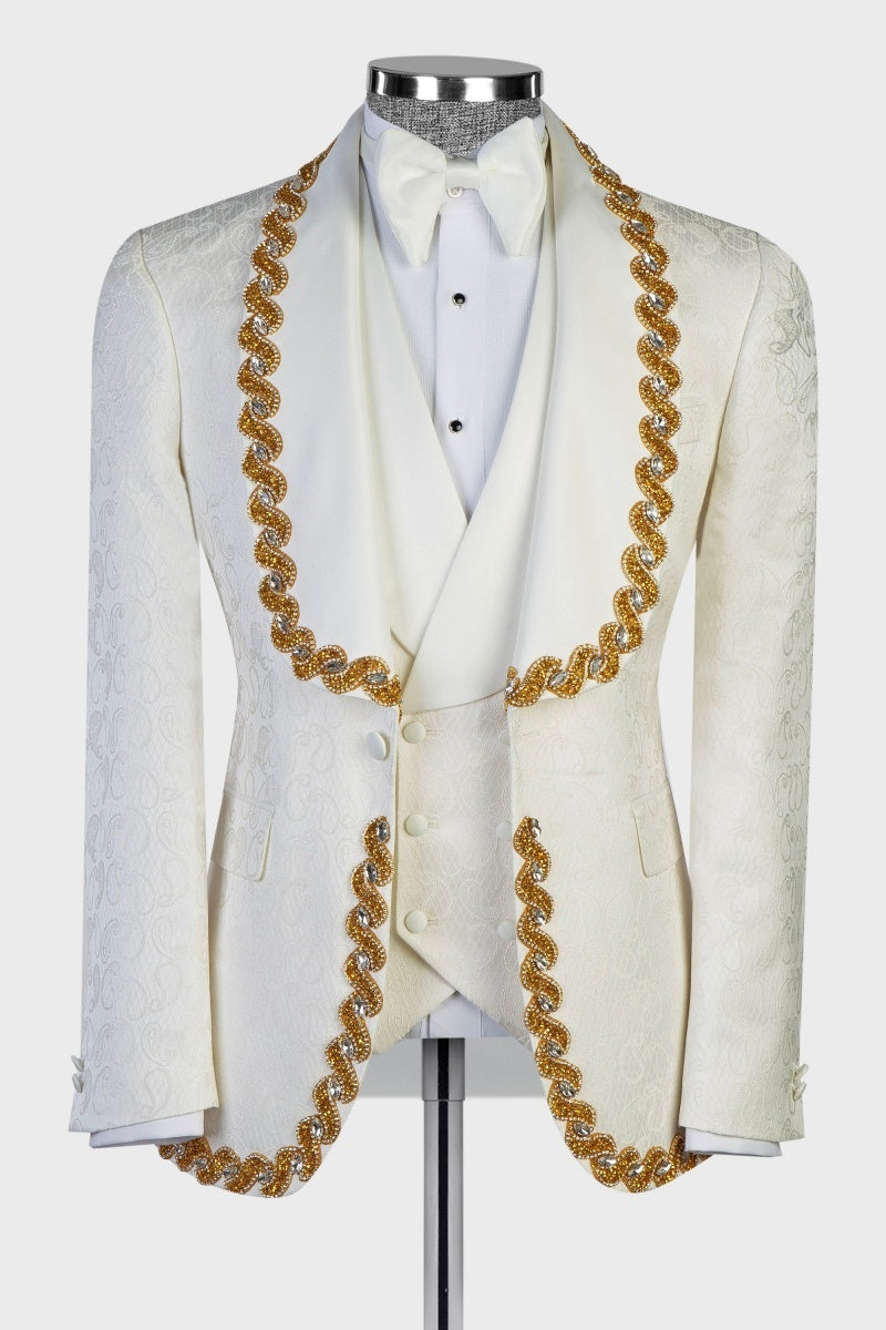 Modern White Newest Jacquard 3 Pieces Wedding Suits With Golden Beading