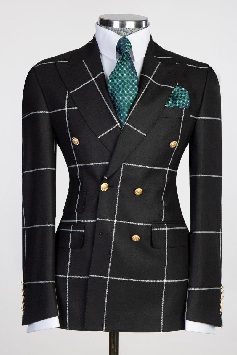 Stylish Black Plaid Double Breasted Slim Fit Prom Suits