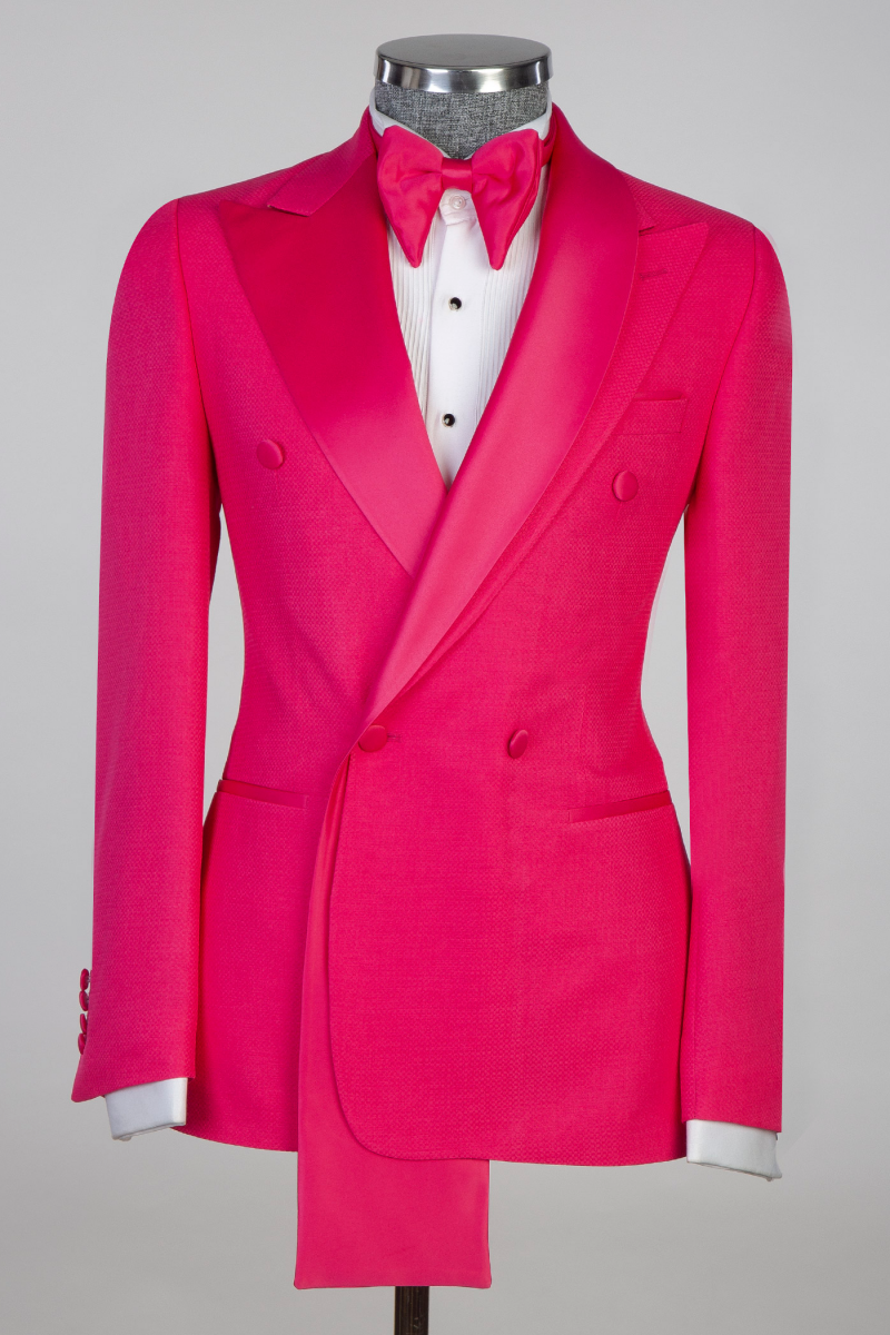 Glamorous Pink Peaked Lapel With Two-Layer Satin Double Breasted Prom Suits