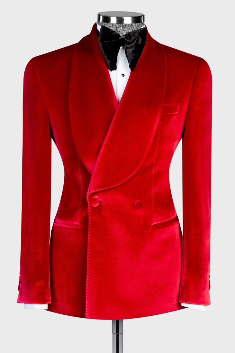 Fancy Red Shawl Lapel Double Breasted Velvet Prom Suits