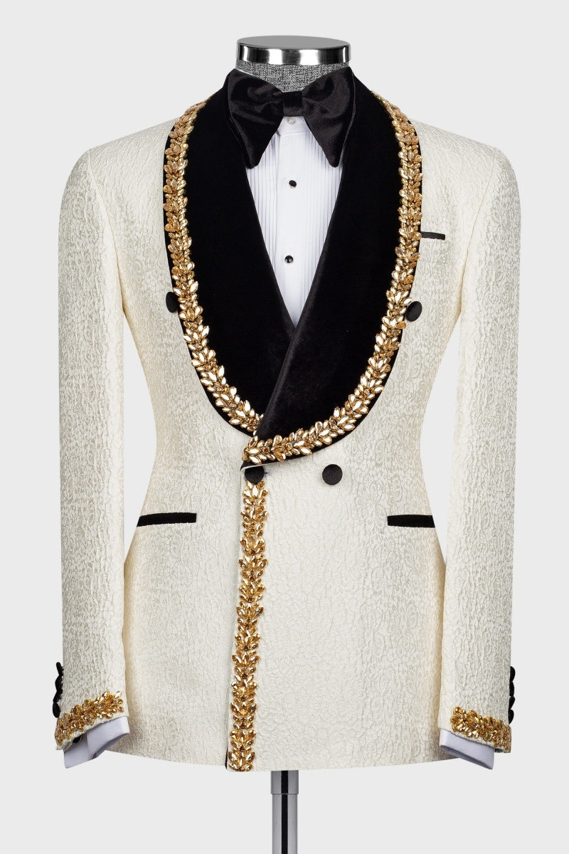 New Arrival White Bespoke Jacquard Men Suits With Beading