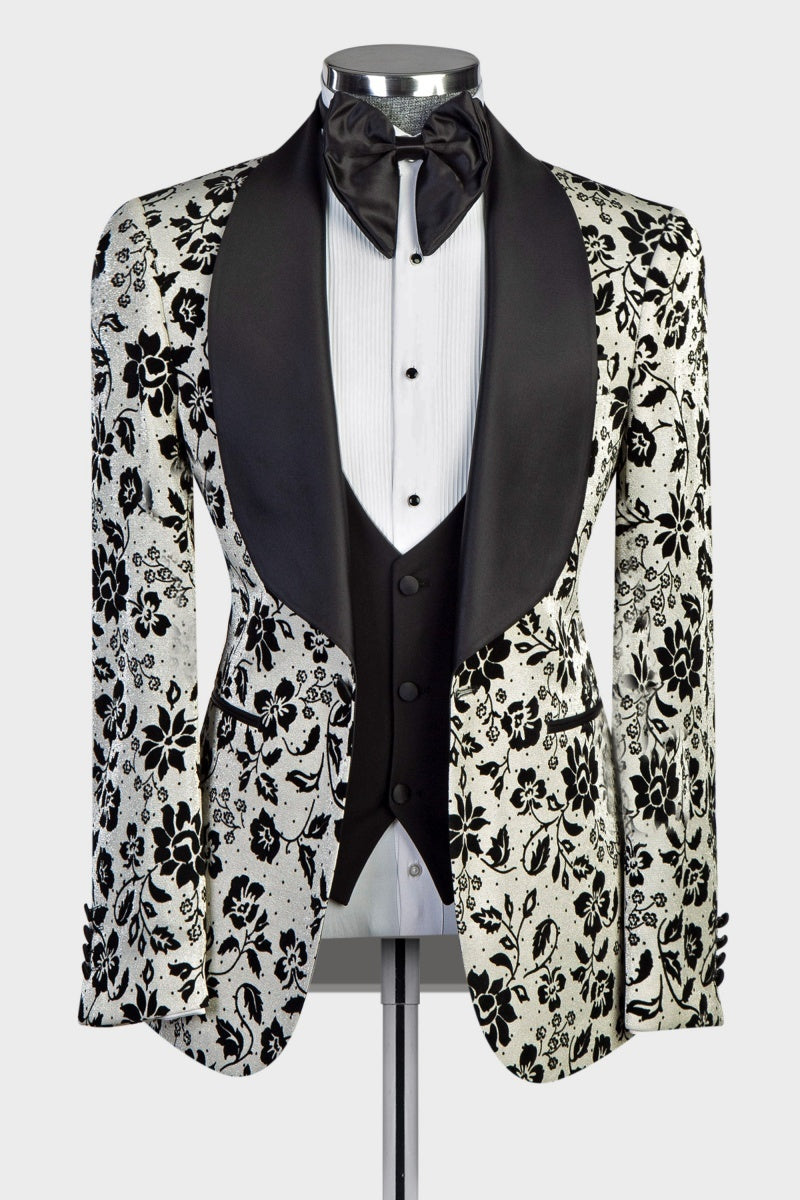 Newest White Jacquard Shawl Lapel 3 Pieces Prom Suits