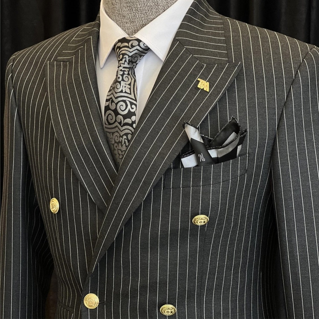 Dark Gray Double Breasted Striped Chic Business Men Suits