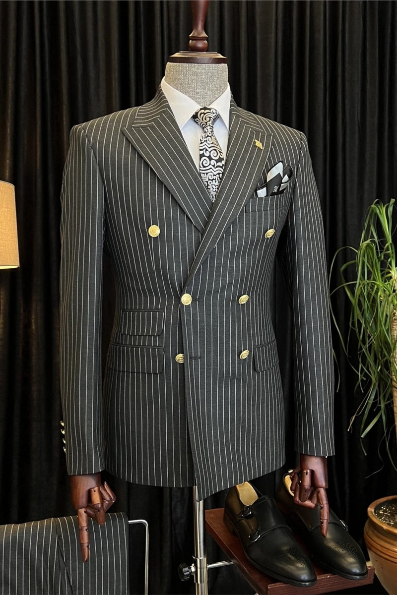 Dark Gray Double Breasted Striped Chic Business Men Suits