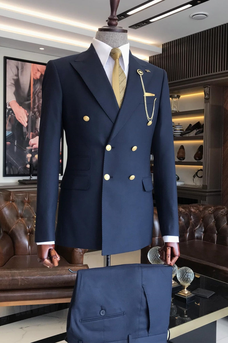 Modern Dark Navy Peaked Lapel Double Breasted Business Suits