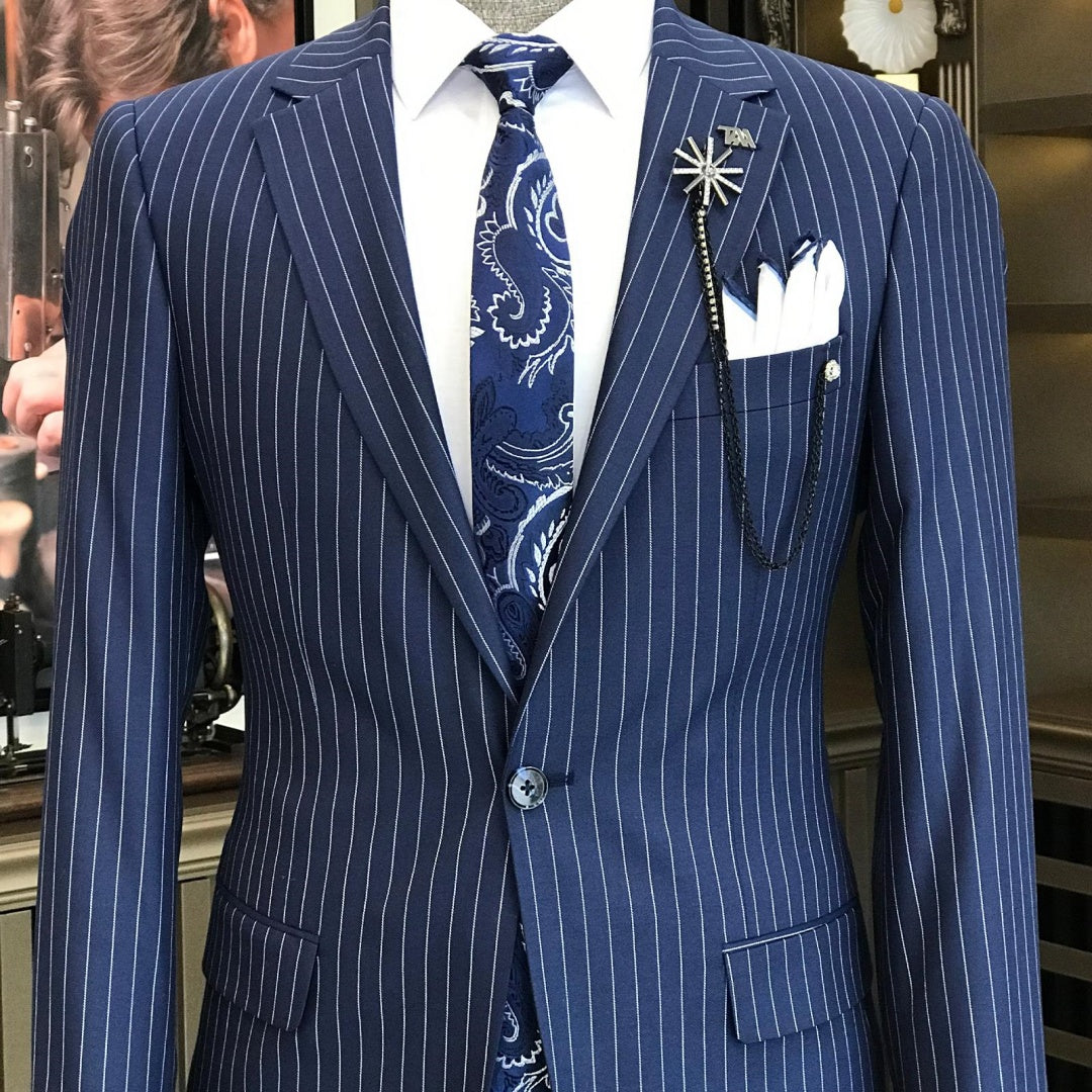 Newest Dark Blue Pinstripe Business Suit