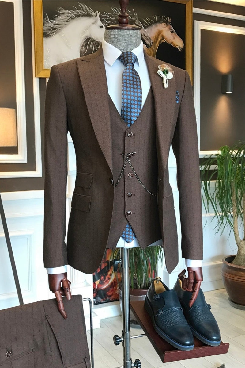 Modern Brown Striped 3 pieces Suits For Men