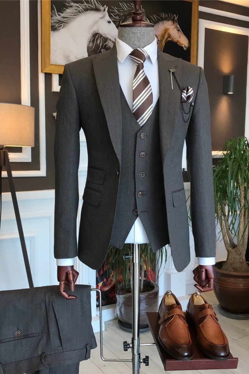 Modern Dark Gray Pinstripe Slim Fit Men Suits