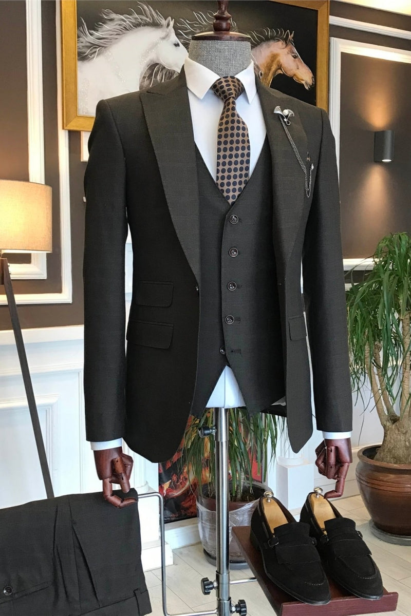 Classic Black Plaid 3 pieces Business Suit