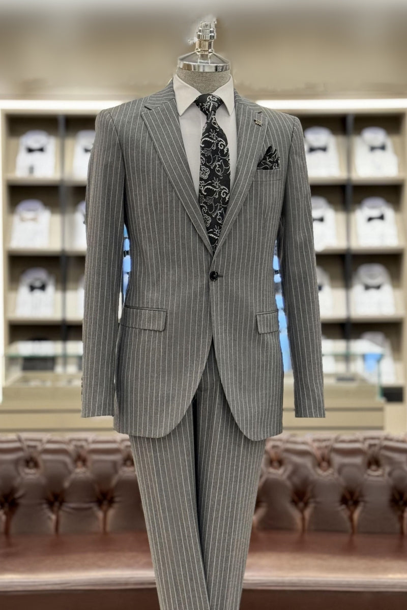 Modern Khaki Brown Striped Business Suit