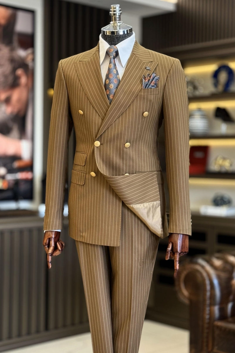 Newest Light Brown Pinstripe Double Breasted Business Suit