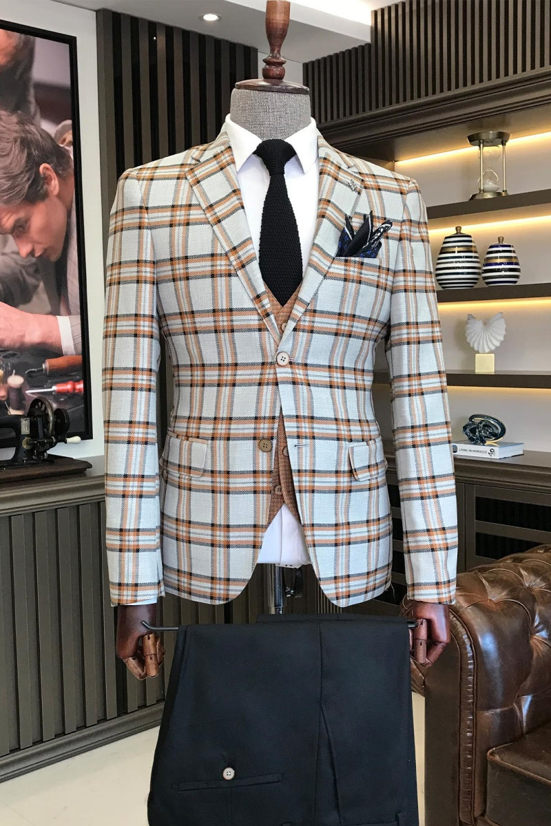 New Arrival 3 Pieces Off-White Plaid Business Suits For Men With Black Pants