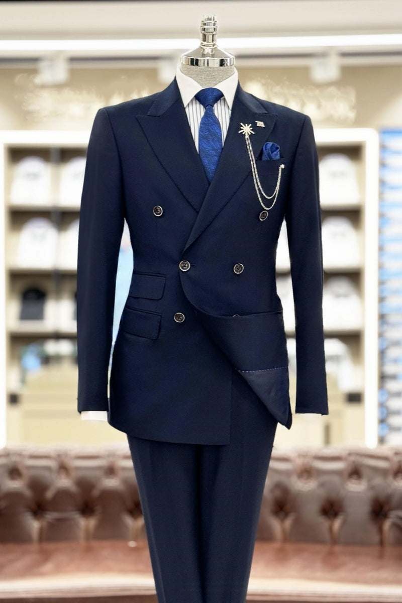 Navy Blue Newest Double Breasted Slim Fit Men Suits