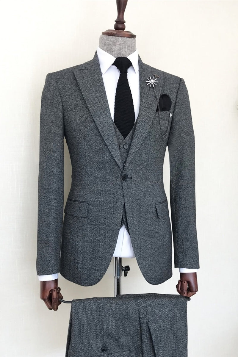 Modern Dark Gray  3 pieces Peaked Lapel Business Suit
