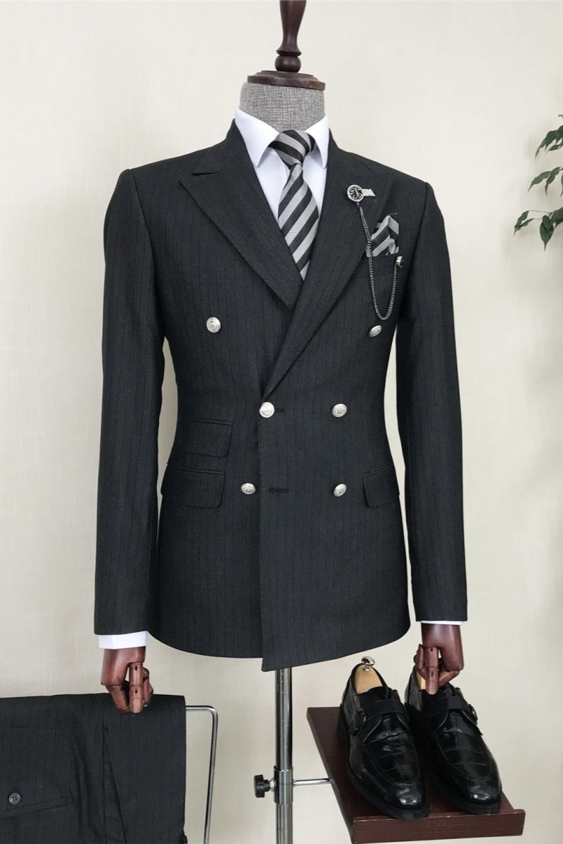 Classic Black Striped Double Breasted Business Suit