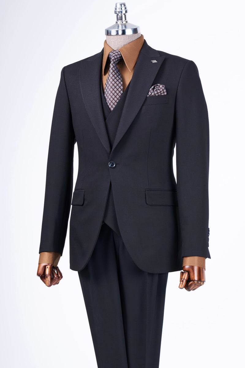 Modern Black Newest Peaked Lapel Business Suit With Waistcoat