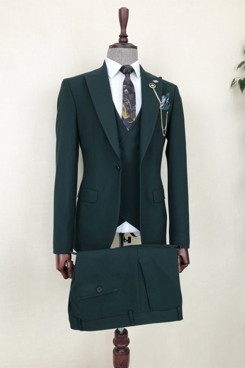 Dark Green New Arrival 3 Pieces Peaked Lapel Business Suit For Men