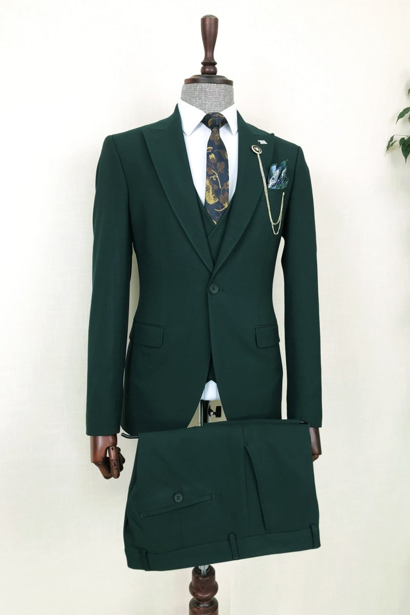 Dark Green New Arrival 3 Pieces Peaked Lapel Business Suit For Men