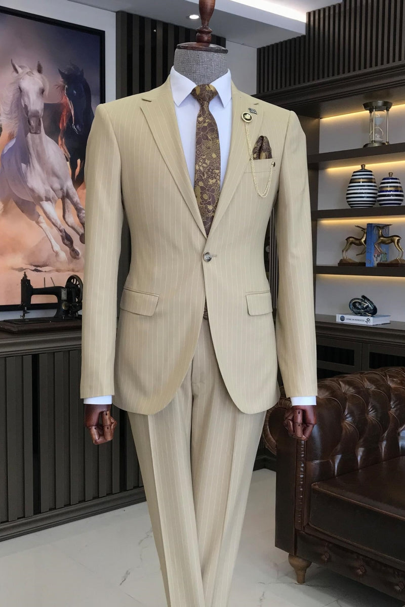 Stylish Beige Pinstripe Notched Lapel Slim Fit Men Suits